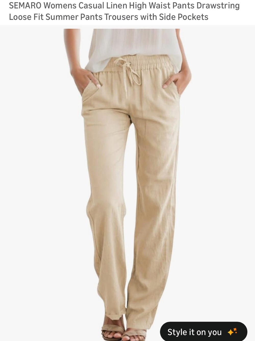Amazon Beige High-Waist Linen Straight Leg Pants with Drawstring